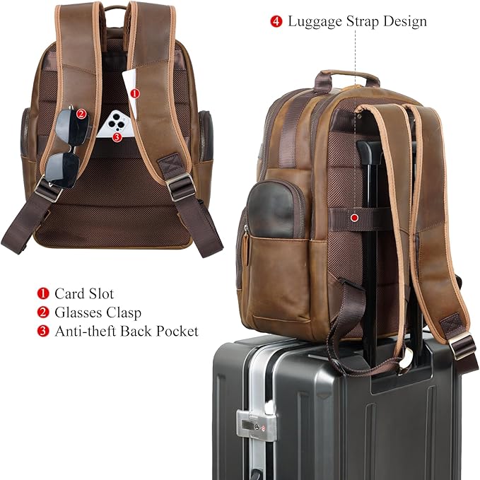 TIDING Men's Vintage Leather Backpack 15.6" Laptop Bag Large Capacity Business Travel Hiking Shoulder Daypacks