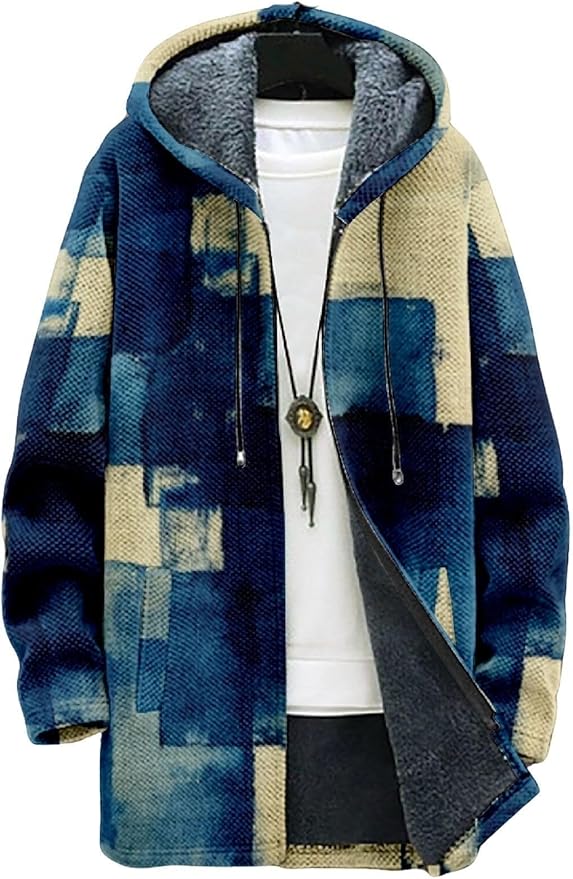2025 Men's Ethnic Pattern Hooded Jacket Long Cardigan Hoodies Full Zip Vintage Knitted Zipper Coat with Pocket