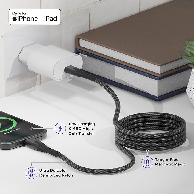 Statik MagStack USB A to Lightning Cable MFi Certified, Clutter-Free Magnetic Charging Cable, Anti-Tangle Phone Charger Cord, 12W, Compatible with iPhone 14 Pro Max, 13 12 11, 6FT/2M