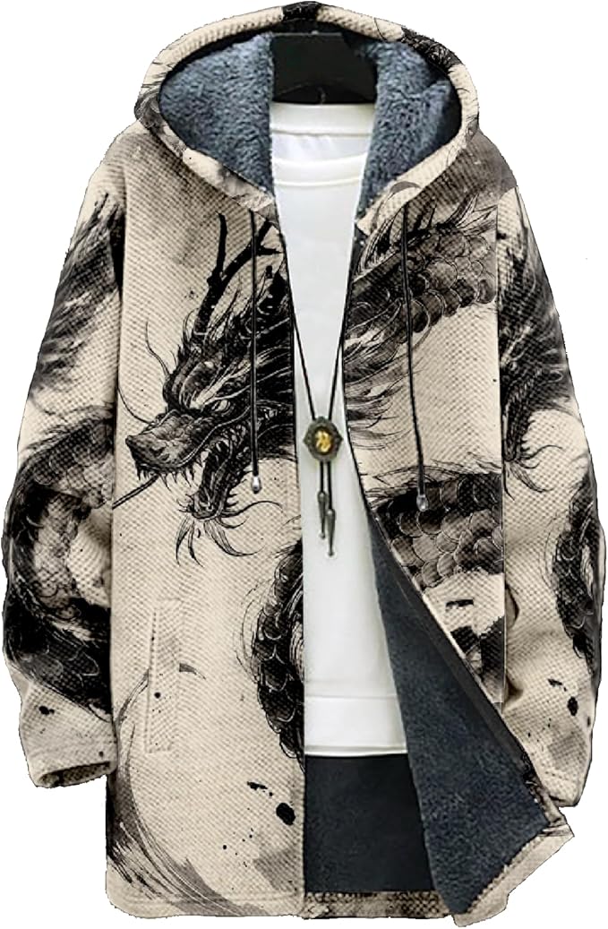 Mens Hooded Cardigan Japanese Art Zip Up Long Sleeve Sweater Hoodie Dragon Print Coat with Pockets
