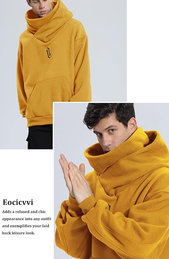Fleece Hoodies for Men Cowl Neck Sweatshirts Hood with neck Gaiter Casual Pullover Fall Winter with Embroidery