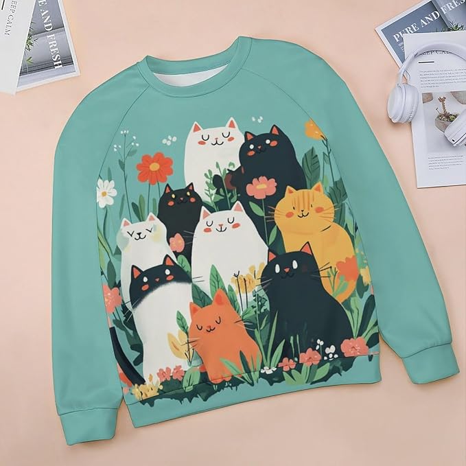 Fall Sweaters for Women 2024 Cat Print Long Sleeve Casual Crewneck Warm Fall Pullover Comfy Fashion Sweatshirts