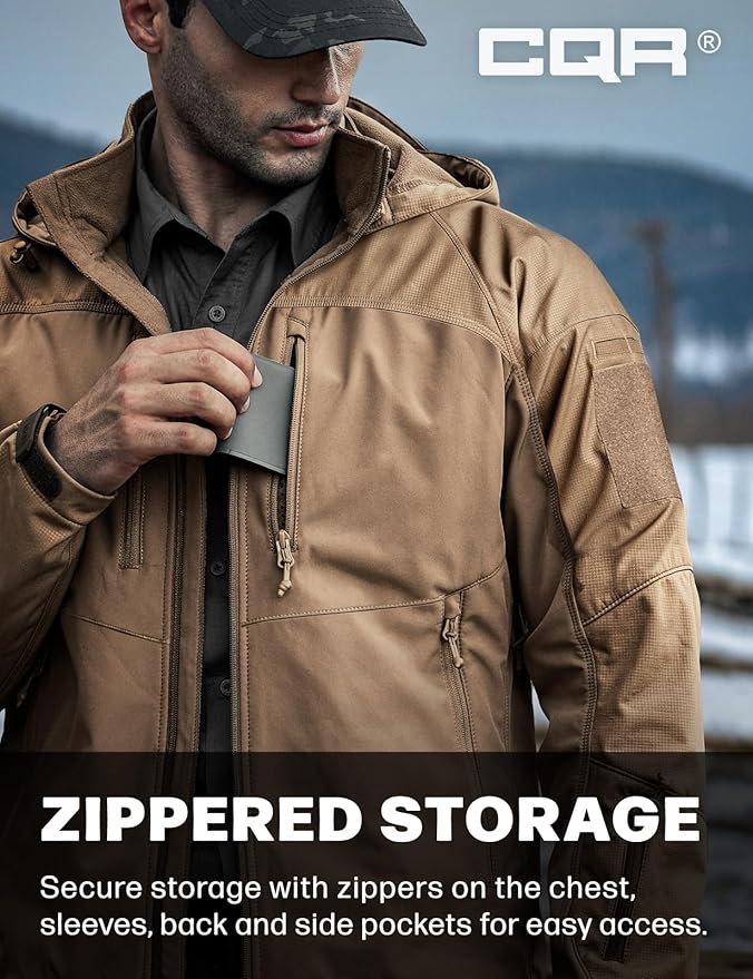 CQR Men's Tactical Softshell Jacket, Winter Warm Fleece Lined Coat, Water Resistant Outdoor Hunting Hiking Rain Windbreaker