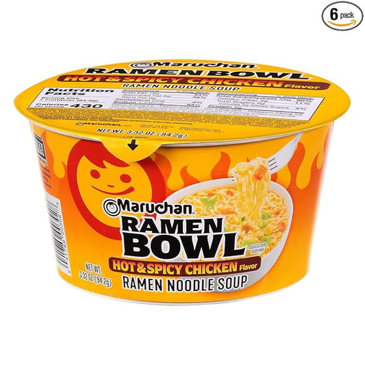 Maruchan Bowl Hot & Spicy Chicken, Microwaveable Ramen Soup Mix, 3.32 Oz, 6 Count