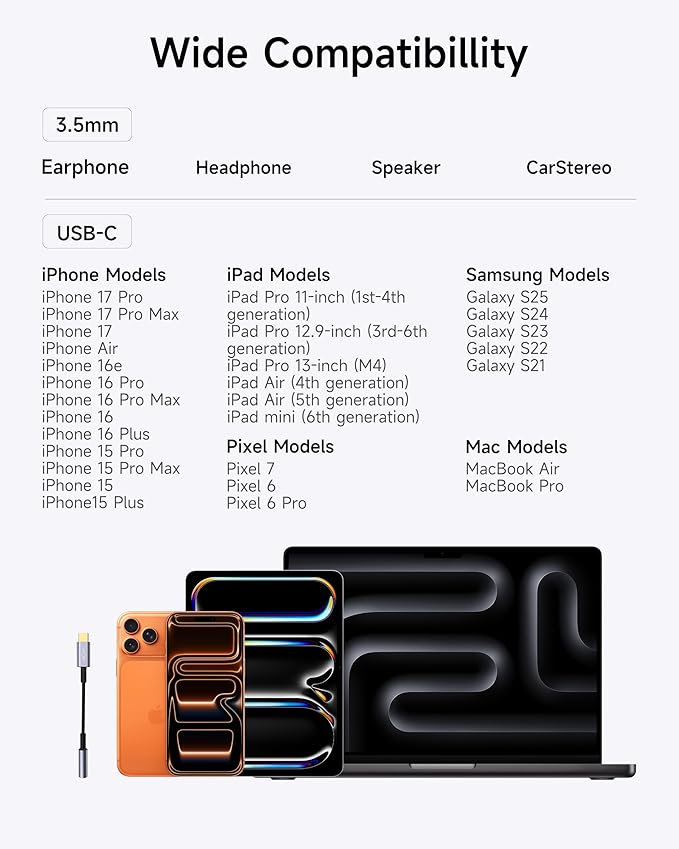 2 Pack USB C to 3.5mm Headphone Jack Adapter – HiFi Audio Dongle, Type C to Aux Female Cable Cord Compatible with iPhone 17/16/15 Pro Max, Samsung S25/S24/S23, iPad Pro, Pixel, MacBook