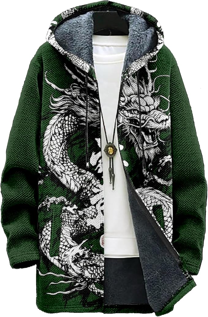 Mens Hooded Cardigan Japanese Art Zip Up Long Sleeve Sweater Hoodie Dragon Print Coat with Pockets