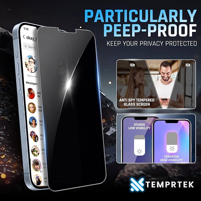 TEMPRTEK+ 2 Pack for iPhone 13Pro Max/14 Plus Privacy Screen Protector Privacy 9H Military Grade Scratch Fingerprint Resistance Anti-Glare Shatterproof Tempered Glass Anti-Spy Easy Installation Bubble Free
