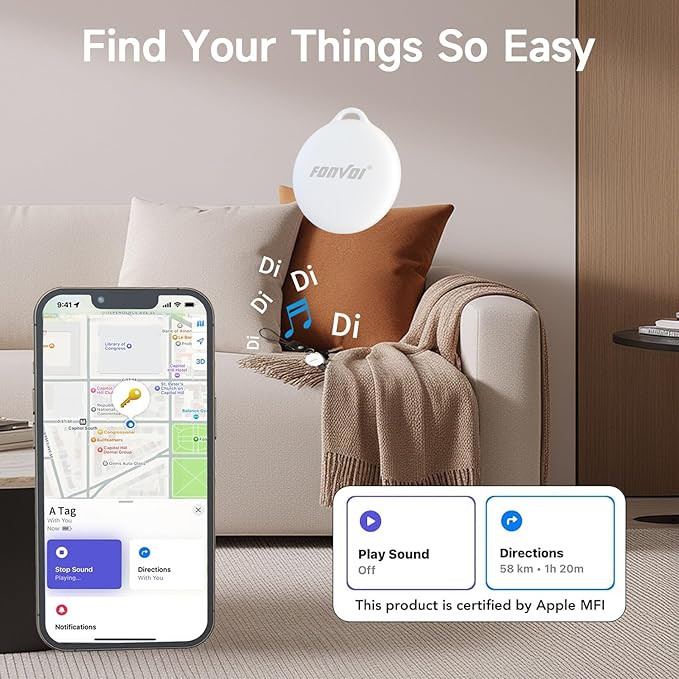 New [Apple MFi Certified] (iOS Only) Air Tag, Bluetooth Tracker for Apple Find My, Replaceable Battery, Key Finder and Item Locator Smart Tag for Keys, Bags, Luggage, Pets, Wallet (White, 1PCS)