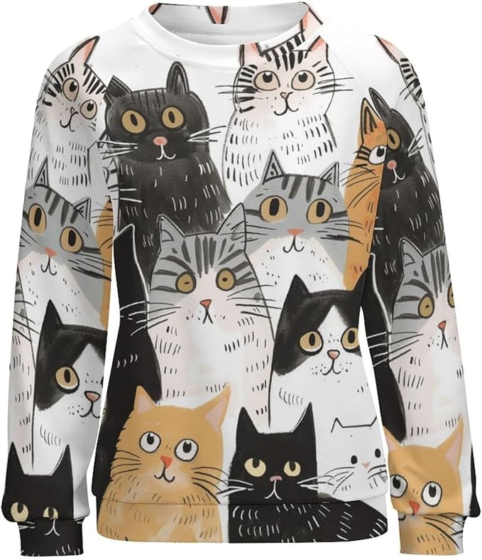 Fall Sweaters for Women 2024 Cat Print Long Sleeve Casual Crewneck Warm Fall Pullover Comfy Fashion Sweatshirts