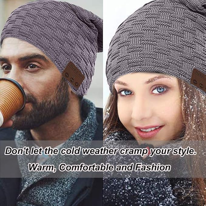 Wireless Hat Music Beanie with Headphones Smart Beanie Headset Winter Hats Warm Musical Cap 5.0 Headphone Built-in Mic Handsfree for Skiing Skateboarding Jogging for Men Women Boys Girls Dark Grey