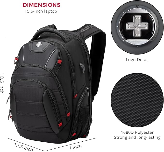 Swissdigital Design Travel Backpack for men, TSA Friendly USB Charging RFID Protection Business Backpack Fits 15.6" Laptops Black | J14-BR