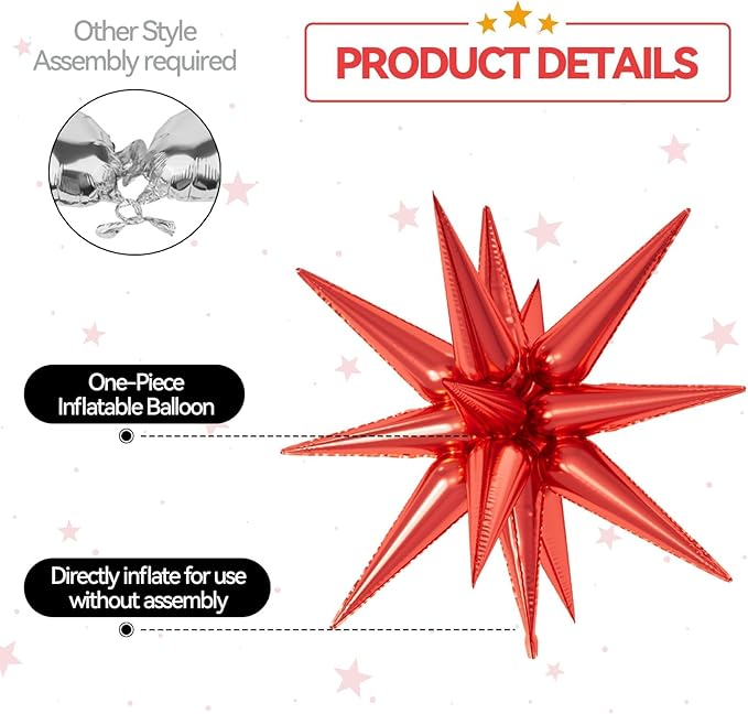 6PCS Star Balloons, 22Inch Large Black Red Silver Star Balloon Explosion Foil Balloons Cone Spike Balloon for Birthday Graduation Wedding Anniversary Party Backdrops Decorations