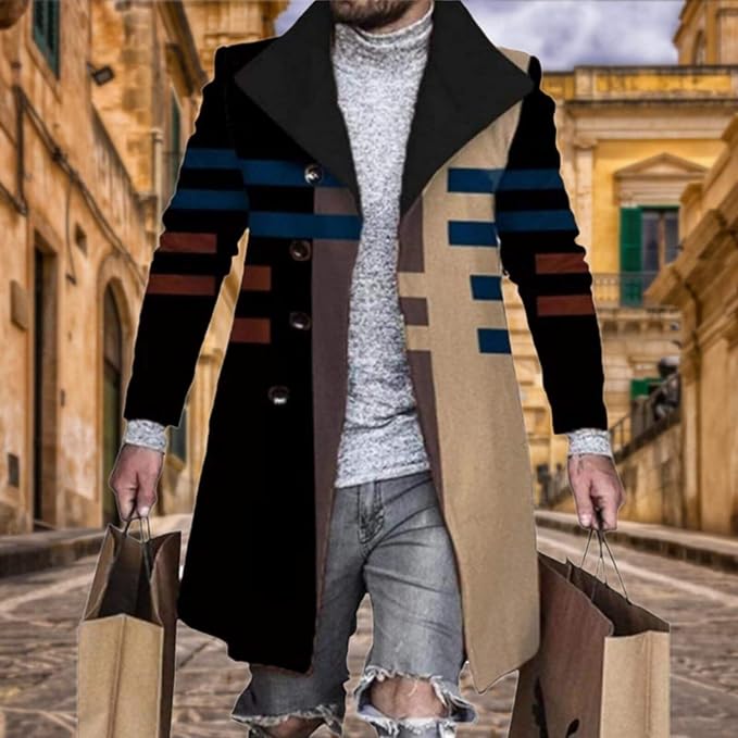 Men's Plaid Long Trench Coat Mid - Length Lapel Collar Button Down Warm Overcoat for Winter & Autumn Fashion
