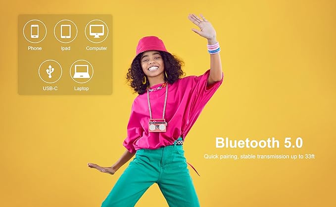 Portable Mini Bluetooth Wireless Speaker Retro Wearable Boombox, 27 Inch Necklace, FM Radio, On Board Buttons, Dual 6W Peek Power Micro Speakers, Long Lasting Battery
