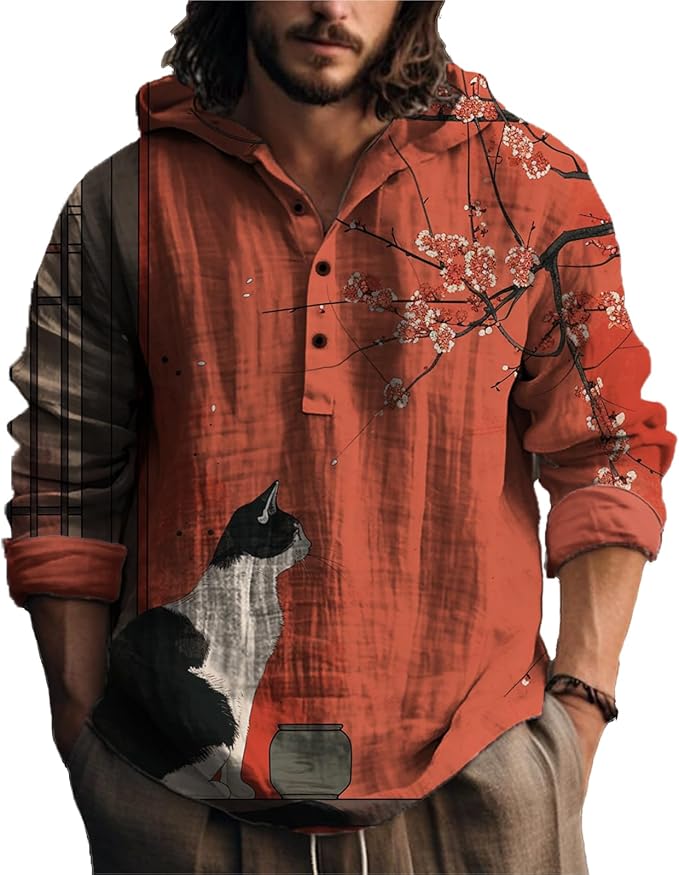 MARSVOVO Mens Japanese Art Long Sleeve Hooded Shirts Lightweight Quarter Button Hoodie Casual Cool Tops for Spring Fall
