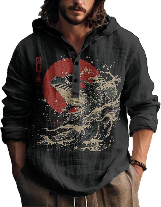 MARSVOVO Mens Japanese Art Long Sleeve Hooded Shirts Lightweight Quarter Button Hoodie Casual Cool Tops for Spring Fall