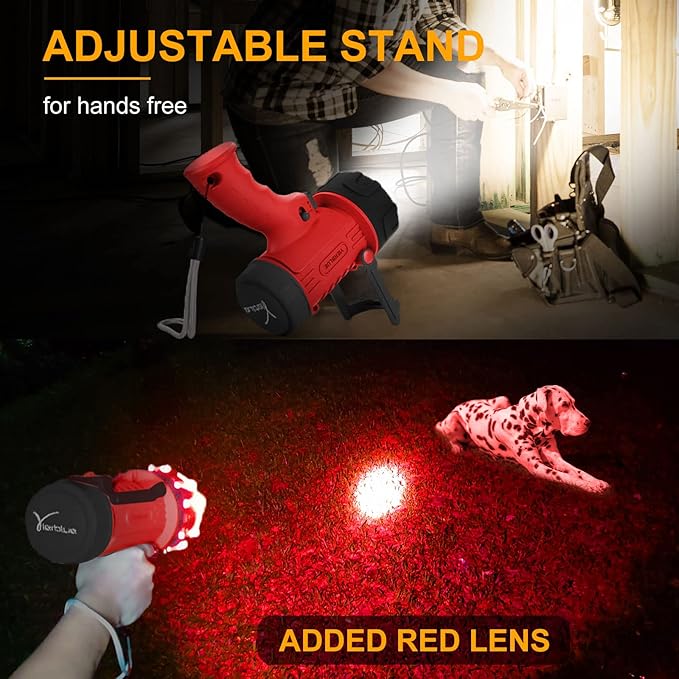YIERBLUE Rechargeable Spotlight Flashlight with 100,000 High Lumen LED, IP67 Waterproof Long Running Spot Light searchlight, Impact Resistant Handheld Spotlight with Foldable Stand and Red Lens