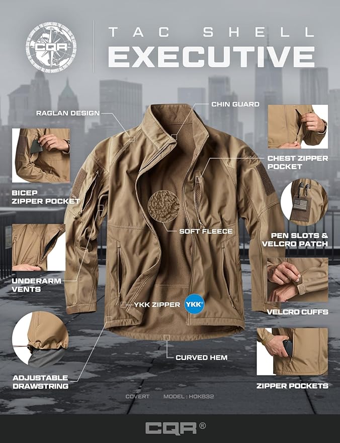CQR Men's Tactical Softshell Jacket, Winter Warm Fleece Lined Coat, Water Resistant Outdoor Hunting Hiking Rain Windbreaker