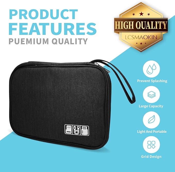 Electronics Organizer Travel Case,Electronic Accessories Storage Bag,Portable Waterproof Cable Organizer Bag,with 5 Cable Ties，for Travel,Work-Black
