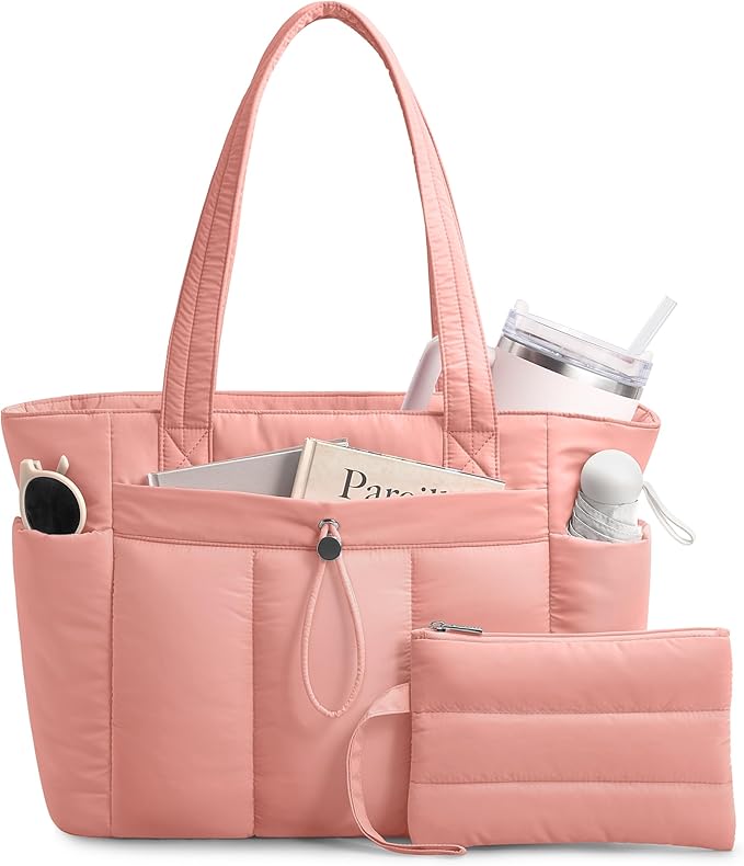 TOPDesign Puffy Tote Bag for Women with Cup Holder & Laptop Compartment & Cosmetic Bag & Trolley Sleeve for Work, Travel