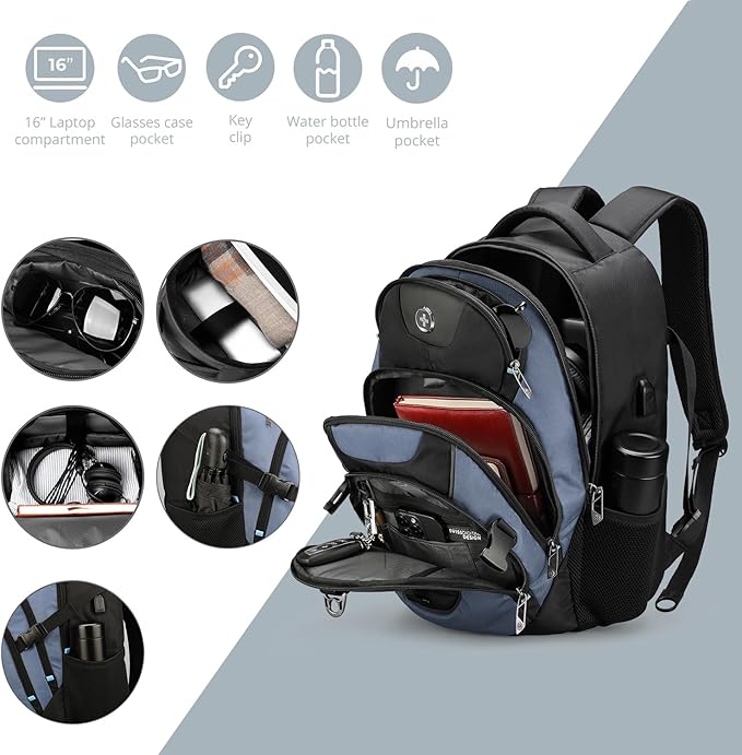 Swissdigital Design Laptop Backpack, Travel Backpack with USB Charging Port Fits 15.6 inches Computer, 31L College School Bookbag for Men,Haze Blue/Black | SD803-16