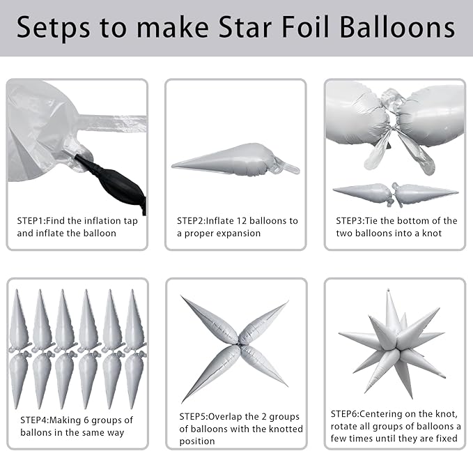 White Star Balloons Foil Explosion Mylar Baloons - 60Pcs Large Spike Balloon White Party Decorations for Birthday Wedding Engagement Anniversary Bachelorette Graduation Halloween Christams