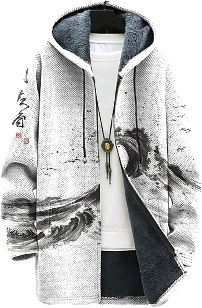 MARSVOVO Long Hooded Cardigan Men Japanese Art Style Fashion Cool Graphic Streetwear Winter Warm Lined Fleece Jacket