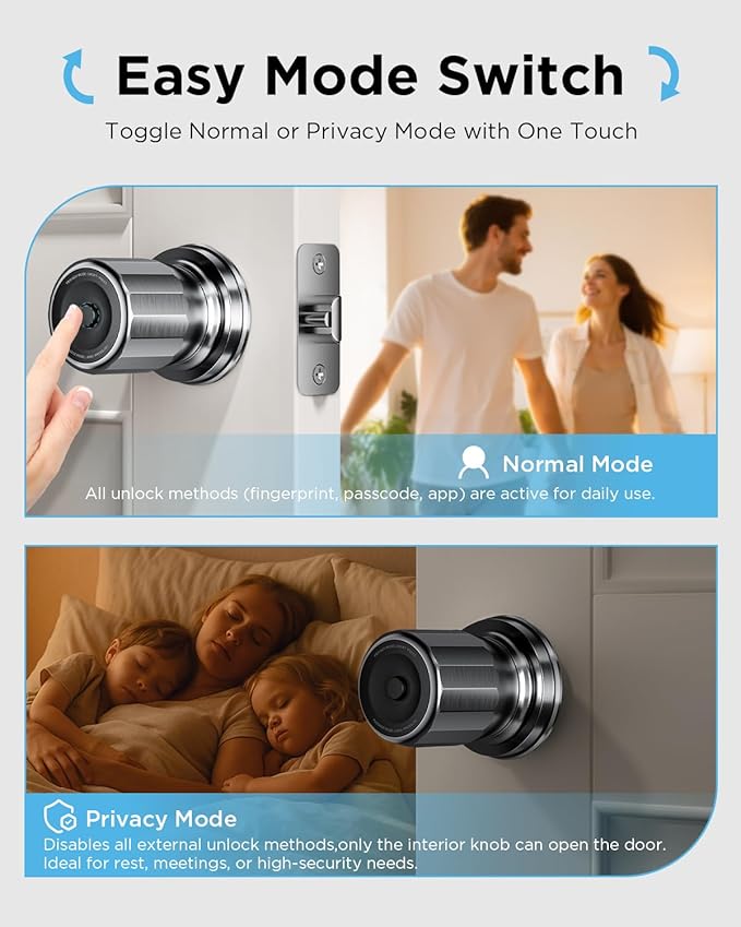 TCL K1 Smart Knob, Fingerprint Door Knob with Lock, Interior Door Knobs with App Control, Electronic Code Indoor Knobs for Bedroom, Home, Apartment, Office and Garages