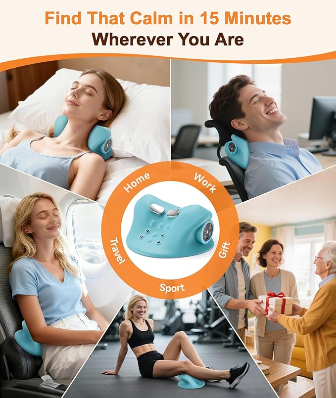 Ringco Neck Massager Pillow with 3 Level Heating & Vibration Adjustable, Heated Neck Stretcher with 6 Modes, Rechargeable Cervical Traction Device for Pain Relief & Muscle Relaxation (Light Blue)