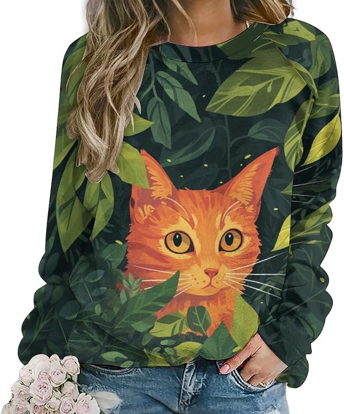 Sweatshirt for Women Cat Print Fashion Funny Plus Size Ladies Dressy Crewneck Casual Trendy Tee Shirts