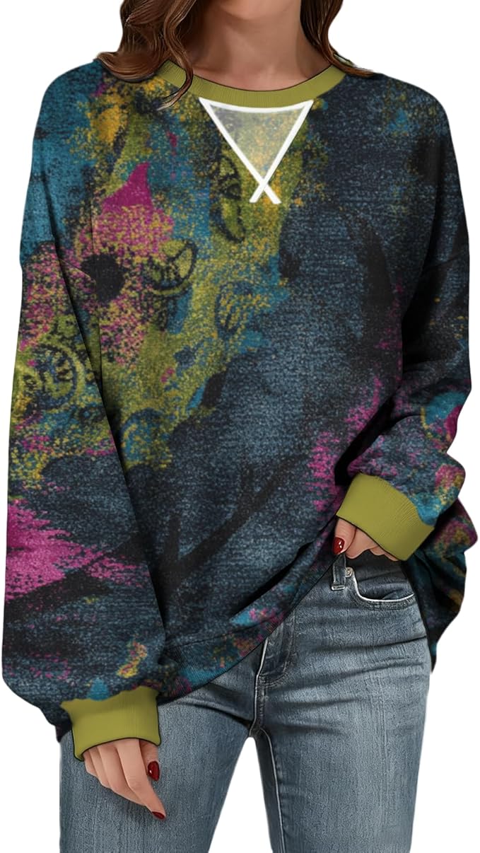 Womens Sweatshirts Fahsion Floral Print Long Sleeve Comfy Fall Tops Oversized Casual Crewneck Pullover Shirts