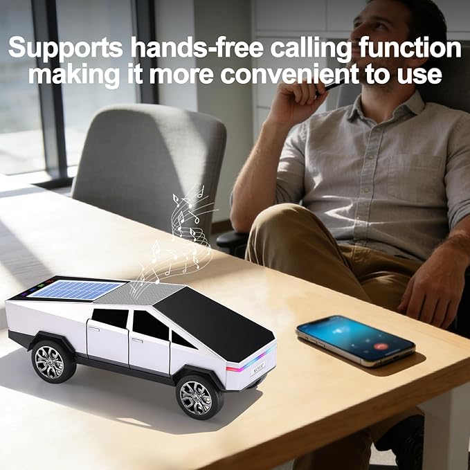 Solar-Powered car-Shaped Bluetooth Speaker, Portable Wireless Stereo, high-Definition Sound Quality, TWS Dual-Ear Pairing, Truck-Shaped Speaker, Suitable for Home, Office and Gift (Silver)