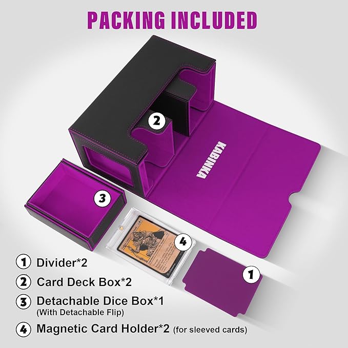Kabinka Deck Box for MTG with Commander Display, 3 in 1 Trading Card Storage Box Fit 200 Double-sleeved Cards, Removable Deck Case for TCG/Sports Cards with 2 Magnetic Card Holders (Black Purple)