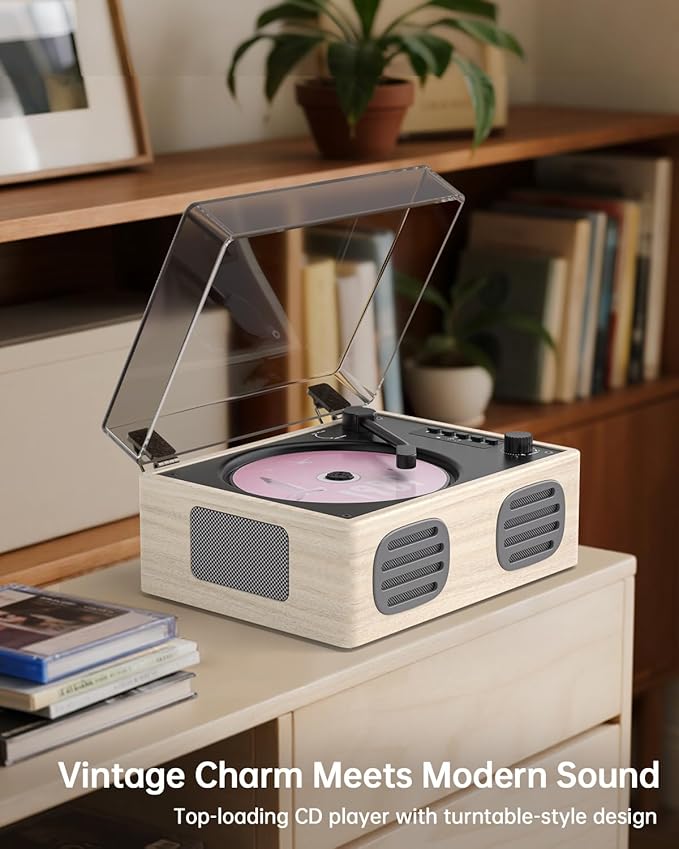 Portable Retro CD Player with Bluetooth Transmitter and Dual HiFi Speakers, LED Screen, Desktop Vintage Nostalgic Rechargeable CD Music Player for Home, Grey Wooden