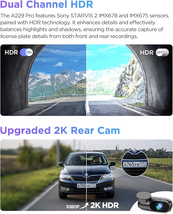 VIOFO A229 Pro 4K HDR Dash Cam, Dual STARVIS 2 IMX678 IMX675, 4K+2K Front and Rear Car Camera, 2 Channel with HDR, Voice Control, 5GHz WiFi GPS, Night Vision 2.0, 24H Parking Mode