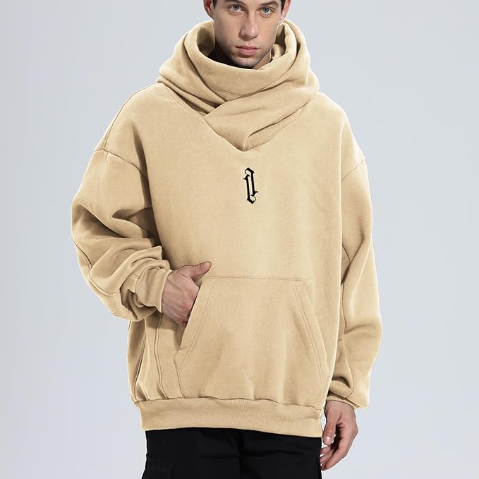 Fleece Hoodies for Men Cowl Neck Sweatshirts Hood with neck Gaiter Casual Pullover Fall Winter with Embroidery