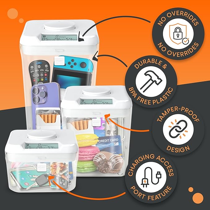 kSafe Time Locking Container Mini - Habit Control Device, Snack Safe, Tech Lock Box, Medication Timer Box, No Overrides, BPA-Free Plastic, 4.25” W x 3” H, White Lid, Clear Base