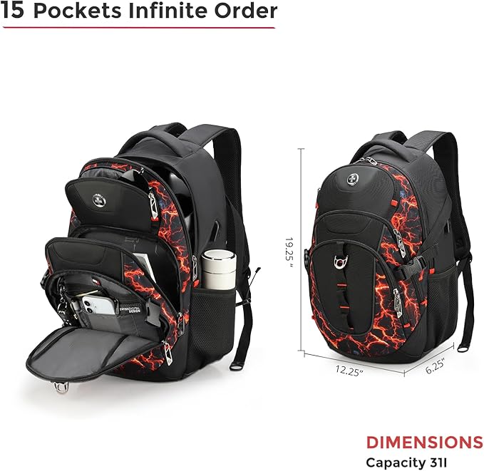 Swissdigital Laptop Backpack with USB Charging Port, Travel Backpack Fits 15.6 inches Computer, 31L Backpack for Men, Flame Red | SD803-97