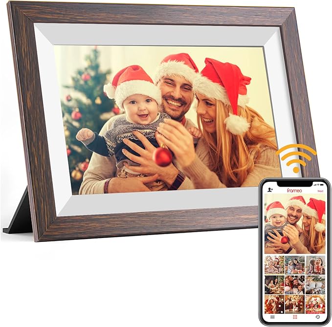 Frameo Digital Picture Frame WiFi 10.1inches Digital Photo Frame, Electronic Photo Frame Load from Phone, 1280x800 IPS Touch Screen HD Display, Auto-Rotate, Share Photos/Video-Great Gift(Brown Wood)