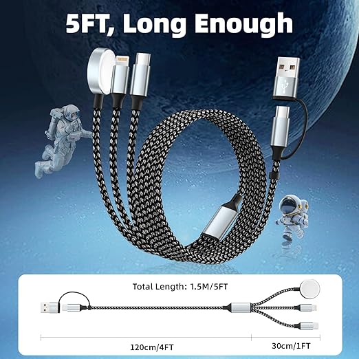 3 in 2 USB A/USB C Cable for Apple iWatch Charger, Multi Charging Cable iPhoe Charger Cord, Travel Charger for Multiple Devices Compatible with iWatch Ultra/SE/11-2, iPhone17-6, Pad, Android-5FT