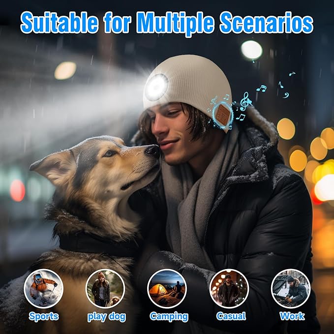 Bluetooth Beanie with Light, HD Stereo Sound, USB Rechargeable Headlamp for Hiking Fishing, Gift for Men Women Teen