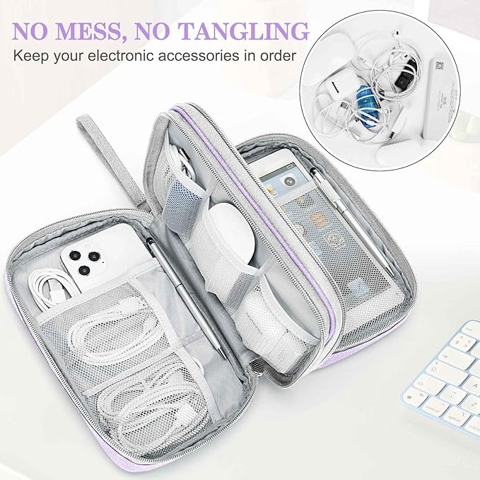 FYY Electronic Organizer, Large Travel Cable Organizer Bag Pouch Electronic Accessories Carry Case Portable Waterproof Double Layers All-in-One Storage Bag for Cable, Cord, Charger, Light Purple