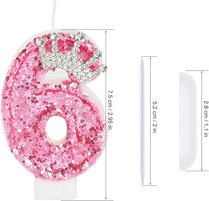 Birthday Number Candles,Pink Crown Birthday Candles for Cake,Glitter Number 6 Candle Cake Topper with Sequins for Girls,Women, Anniversary Celebrations Supplies (Pink 6)