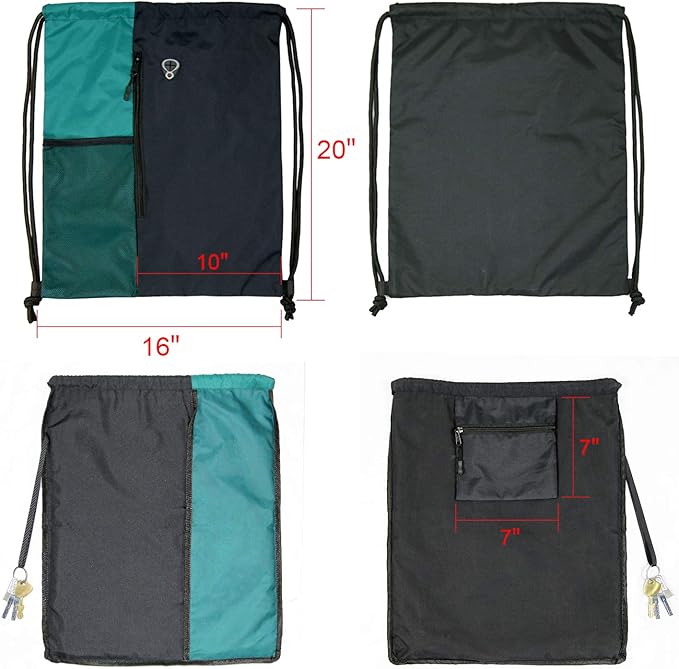Drawstring Backpack Sports Gym Bag for Women Men Large Lightweight Backpack with Zipper and Water Bottle Mesh Pockets (Black/Teal)