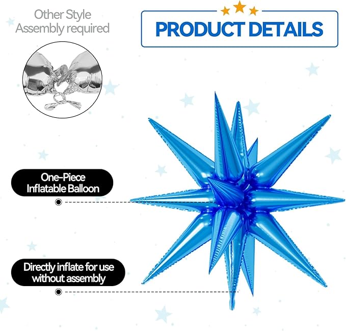 6PCS Star Balloons, 22Inch Large Black Blue Silver Star Balloon Explosion Foil Balloons Cone Spike Balloon for Birthday Graduation Wedding Anniversary Party Backdrops Decorations