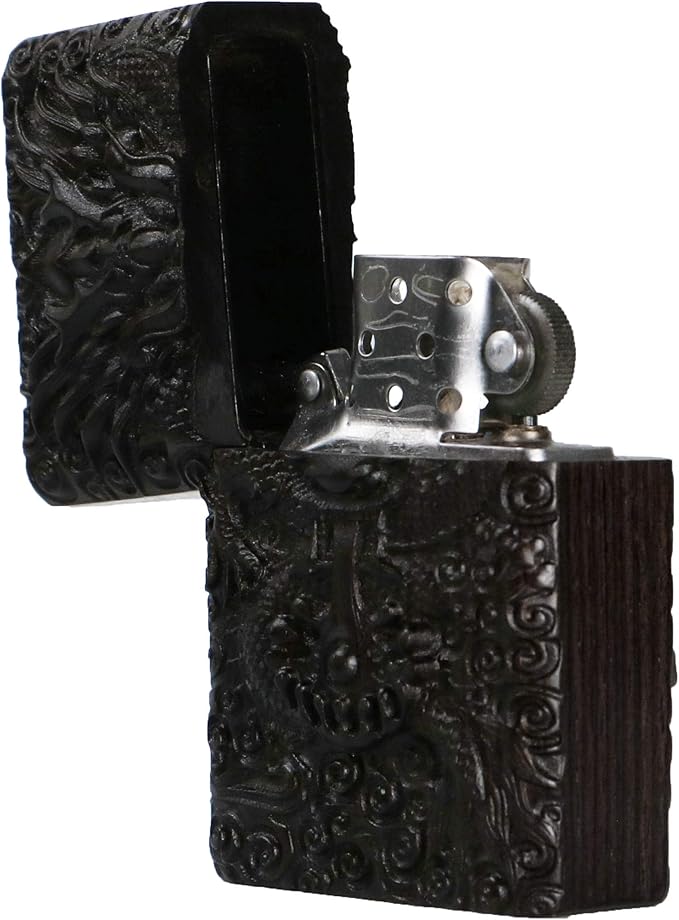 Natural Ebony Black Wood Carved Lighter Shell Box For Zippo Module (Dragon)