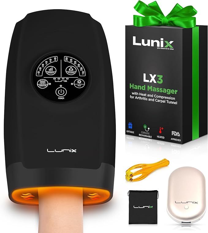 Lunix LX3 Cordless Hand Massager, Shiatsu Massage Machine with Heat and Compression 6 Levels Pressure Point Therapy for Arthritis, Pain Relief, Carpal Tunnel and Finger Numbness