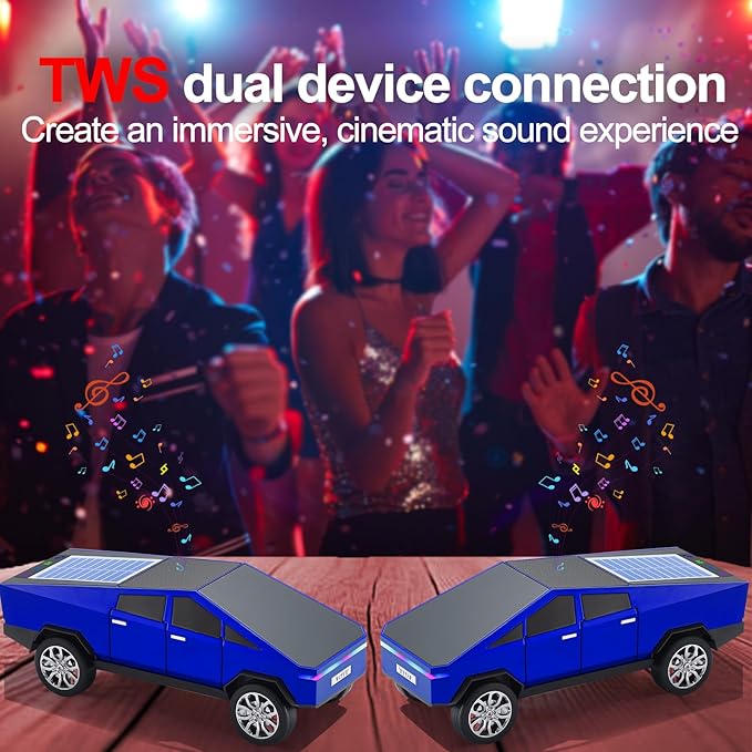 Solar-Powered car-Shaped Bluetooth Speaker, Portable Wireless Stereo, high-Definition Sound Quality, TWS Dual-Ear Pairing, Truck-Shaped Speaker, Suitable for Home, Office and Gift (Blue)