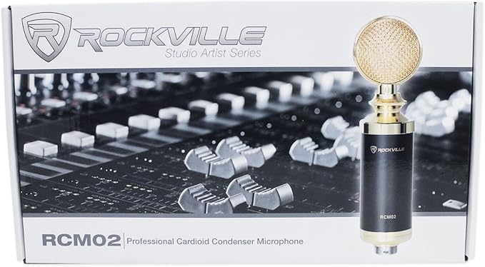 Rockville RCM02 Pro Studio Condenser Microphone, Cardioid Pattern, All-Aluminum Chassis with Steel Basket, Dual Connectivity XLR and 3.5mm, Shock Mount, Cables, for Recording and Podcasting