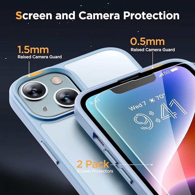 Miracase Magnetic for iPhone 14 Case 6.1 inch (Compatible with MagSafe)（with 2X Screen Protectors） Military-Grade Protection, Anti-Fingerprint Translucent Matte Phone Case Cover, Light Blue